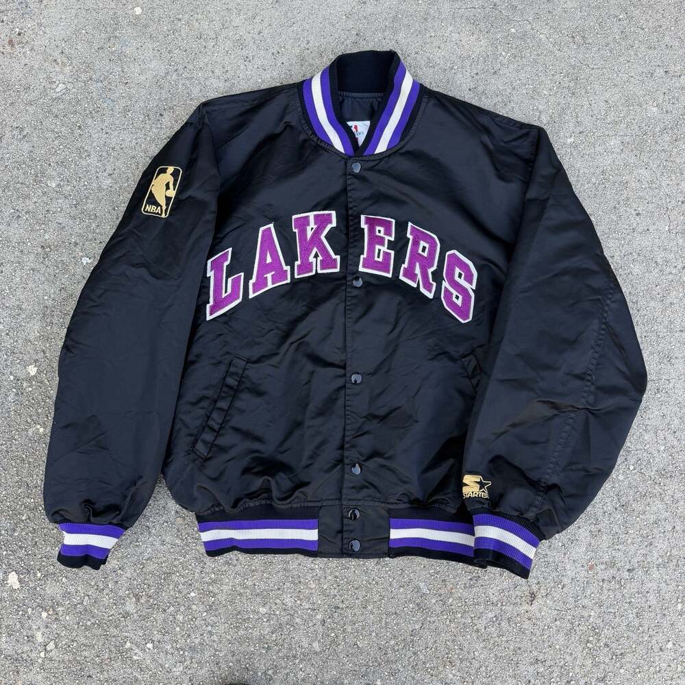 Vintage Starter Los Angeles Lakers Bomber Black Satin Jacket NBA Made In USA